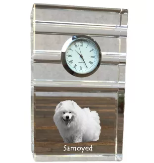 Samoyed, Bjelkier, Samoiedskaya Sobaka - glass clock with a photo, photo of a dog in crystal, personalized standing office clock by Art-Dog brand