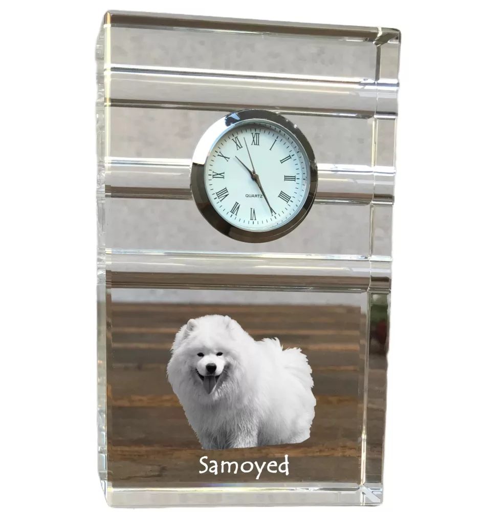 Samoyed, Bjelkier, Samoiedskaya Sobaka - glass clock with a photo, photo of a dog in crystal, personalized standing office clock by Art-Dog brand