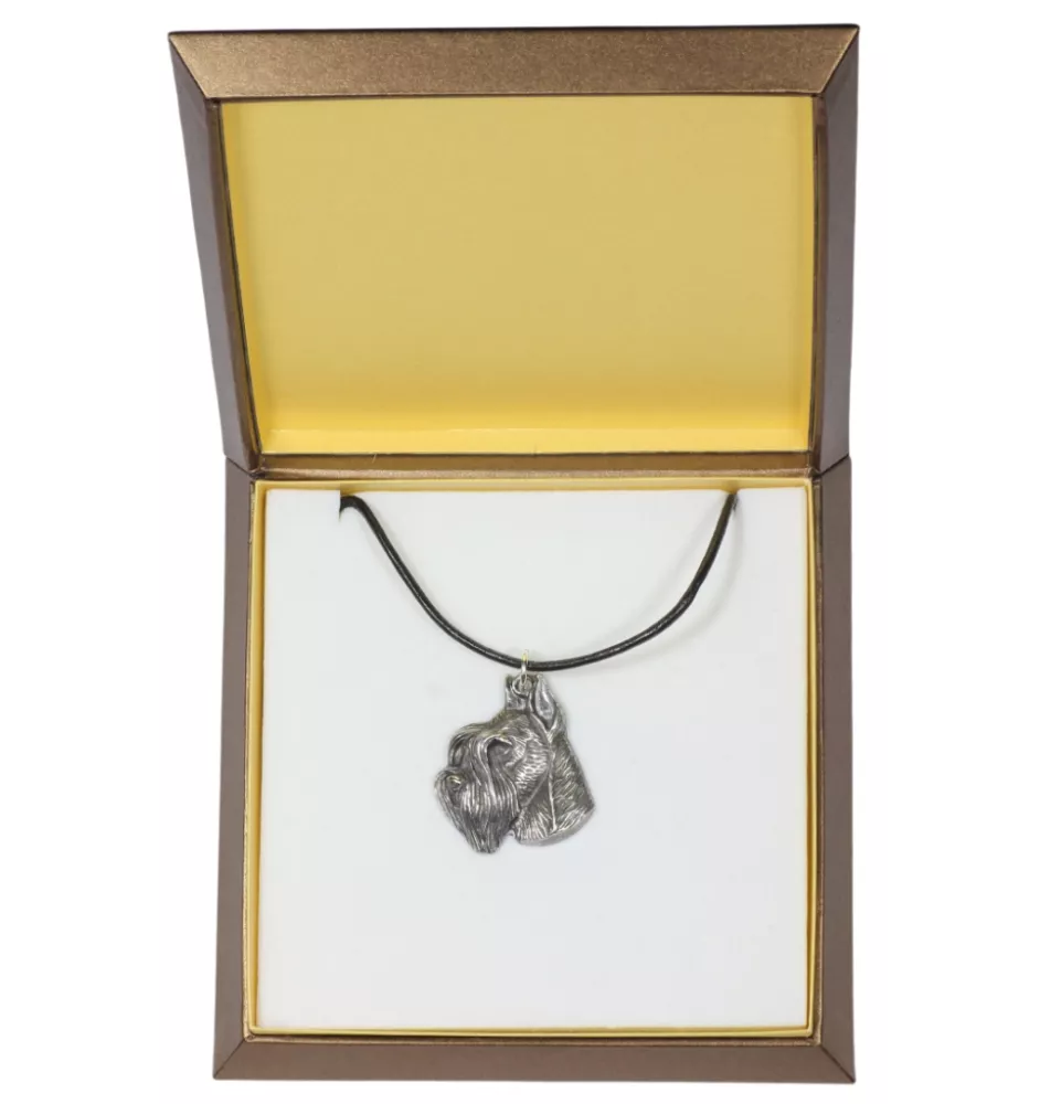 Schnauzer II - Hundehalsband in Geschenkbox, versilbertes Medaillon für Hundefans, markanter Anhänger der Marke Art-Dog
