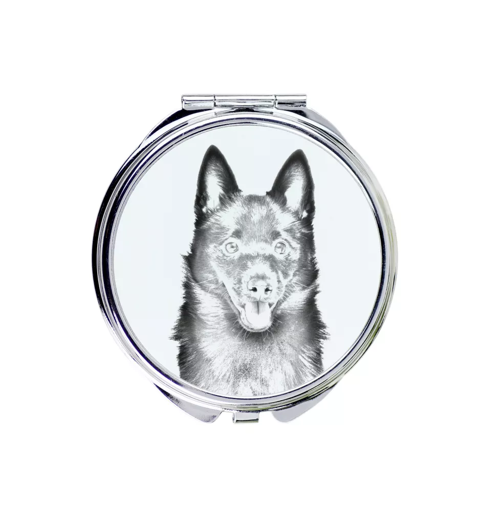 Schipperke - Taschenspiegel mit Hund, personalisierter Taschenspiegel, kompakter Spiegel mit Art-Dog-Logo