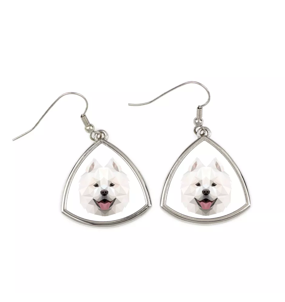 Samoyed, Bjelkier, Samoiedskaya Sobaka - earrings with a picture and the inscription geometric dog Art-Dog