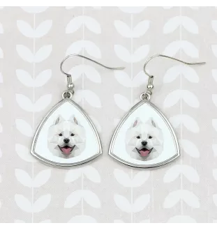 Samojede, Samoyed, Samojedenhund, Samojedenspitz - Ohrringe mit einem Bild und dem Schriftzug "Geometrischer Hund" von Art-Dog