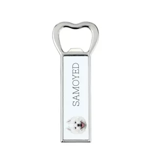 Samoyed, Bjelkier, Samoiedskaya Sobaka - bottle opener with a picture and inscription for beer by Art-Dog