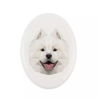 Samojede, Samoyed, Samojedenhund, Samojedenspitz - Fliese mit geometrischem Bild und Schriftzug der Marke Art-Dog