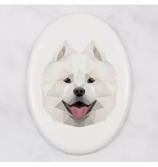 Samojede, Samoyed, Samojedenhund, Samojedenspitz - Fliese mit geometrischem Bild und Schriftzug der Marke Art-Dog