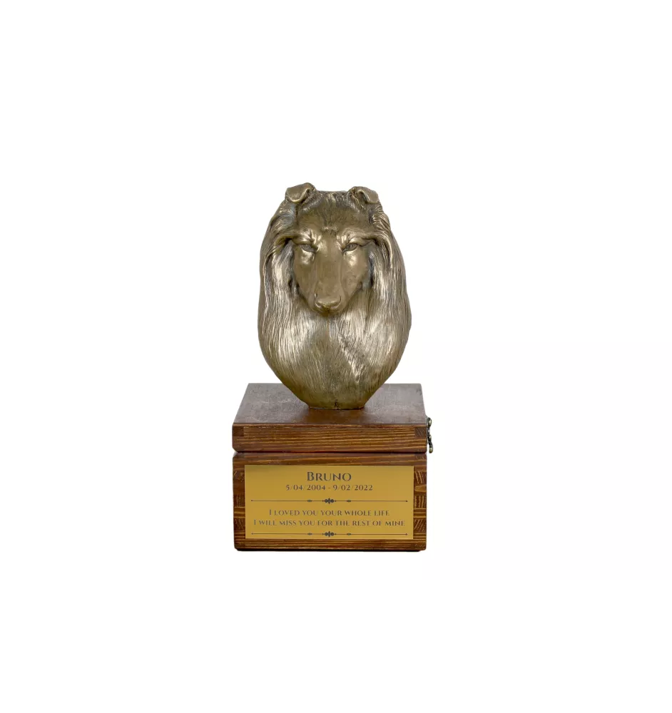 Schottischer Schäferhund - Eine Ascheurne für Hunde mit einer Statuette, eine kleine Urne für Hunde, eine personalisierte Urne mit dem Porträt eines Hundes von der Marke Art-Dog.