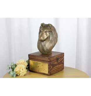 Schottischer Schäferhund - Eine Ascheurne für Hunde mit einer Statuette, eine kleine Urne für Hunde, eine personalisierte Urne mit dem Porträt eines Hundes von der Marke Art-Dog.