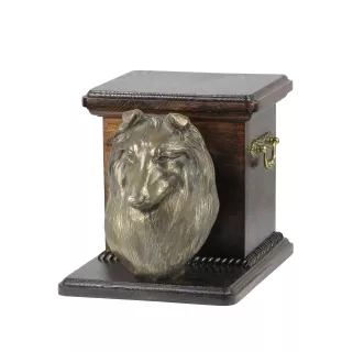 Schottischer Schäferhund - Eine Urne für die Asche eines Hundes mit einer Statuette, eine elegante Urne für einen Hund, eine außergewöhnliche Urne mit dem Porträt eines Hundes von der Marke Art-Dog.