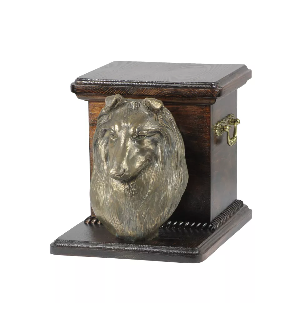 Schottischer Schäferhund - Eine Urne für die Asche eines Hundes mit einer Statuette, eine elegante Urne für einen Hund, eine außergewöhnliche Urne mit dem Porträt eines Hundes von der Marke Art-Dog.