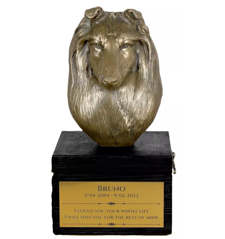Schottischer Schäferhund - eine Urne mit Gravur und Hundeskulptur, letzter Abschied, handgefertigtes Produkt der Marke Art-Dog