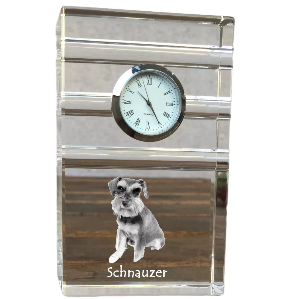 Schnauzer - Glasuhr mit Foto, Foto eines Hundes im Kristall, personalisierte Tischuhr für das Büro der Marke Art-Dog