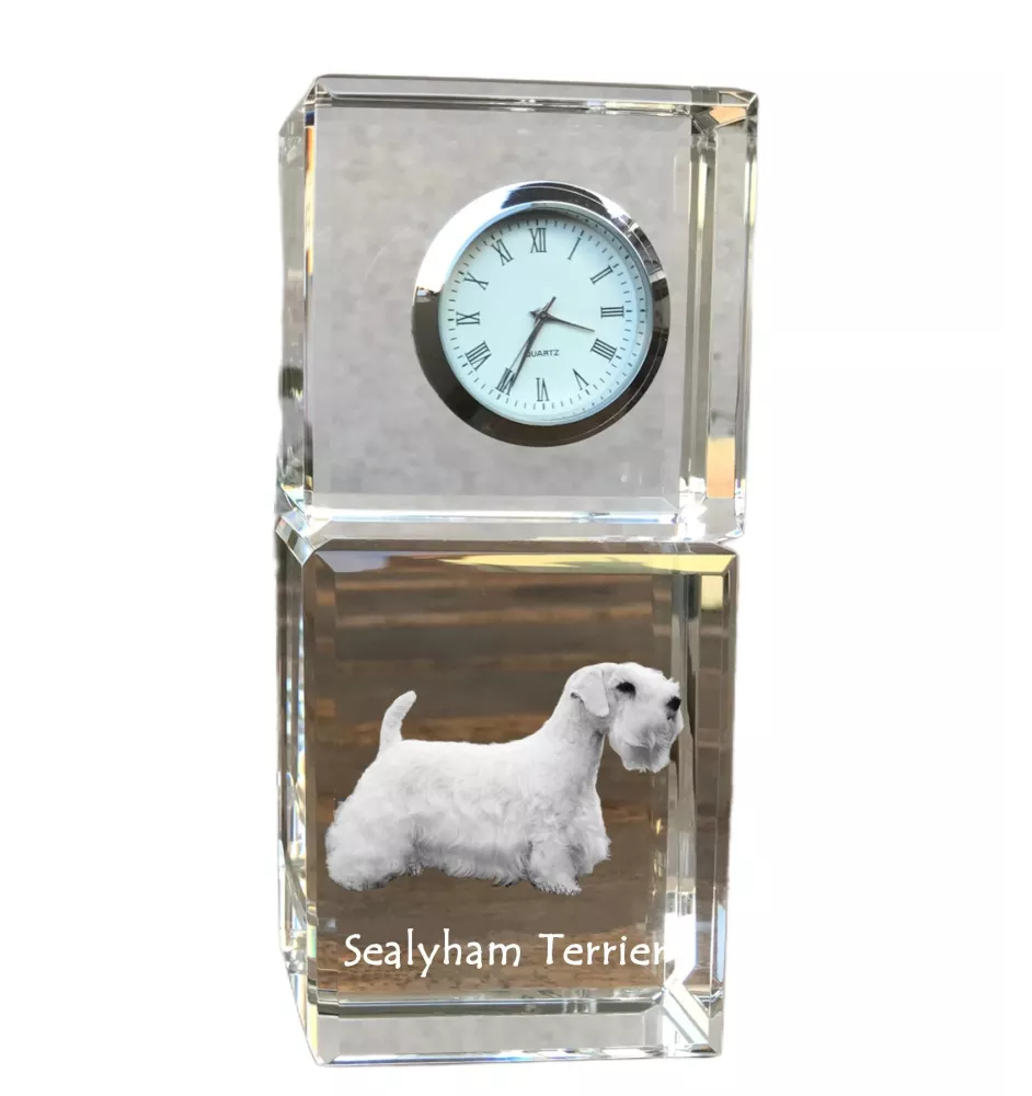 Sealyham Terrier, Welsh Border Terrier, Cowley Terrier - crystal clock with a photo, a photo of a dog in crystal, personalized desk clock by Art-Dog brand