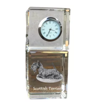 Terrier écossais, Scottish terrier - montre en cristal avec photo, photo de chien dans un cristal, horloge de bureau personnalisée de la marque Art-Dog