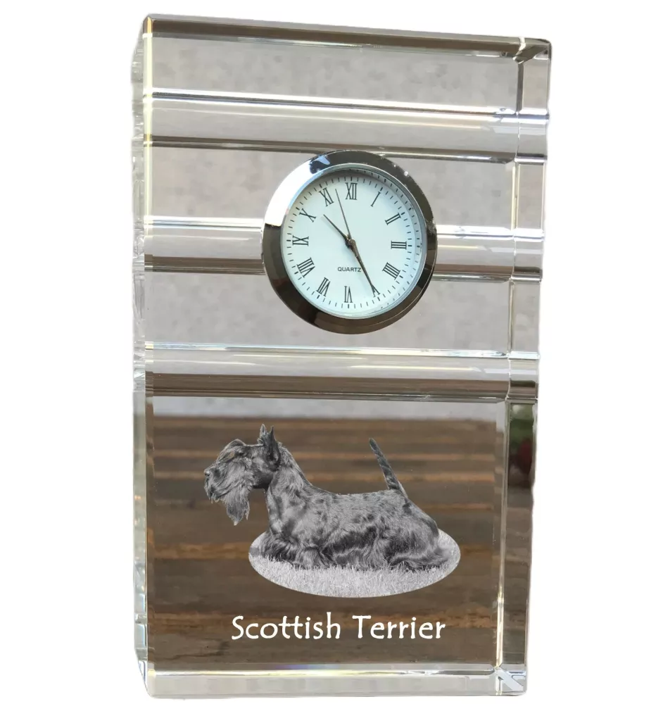Scottish terrier, Aberdeen Terrier, Scottie, Aberdeenie - glass clock with a photo, photo of a dog in crystal, personalized standing office clock by Art-Dog brand