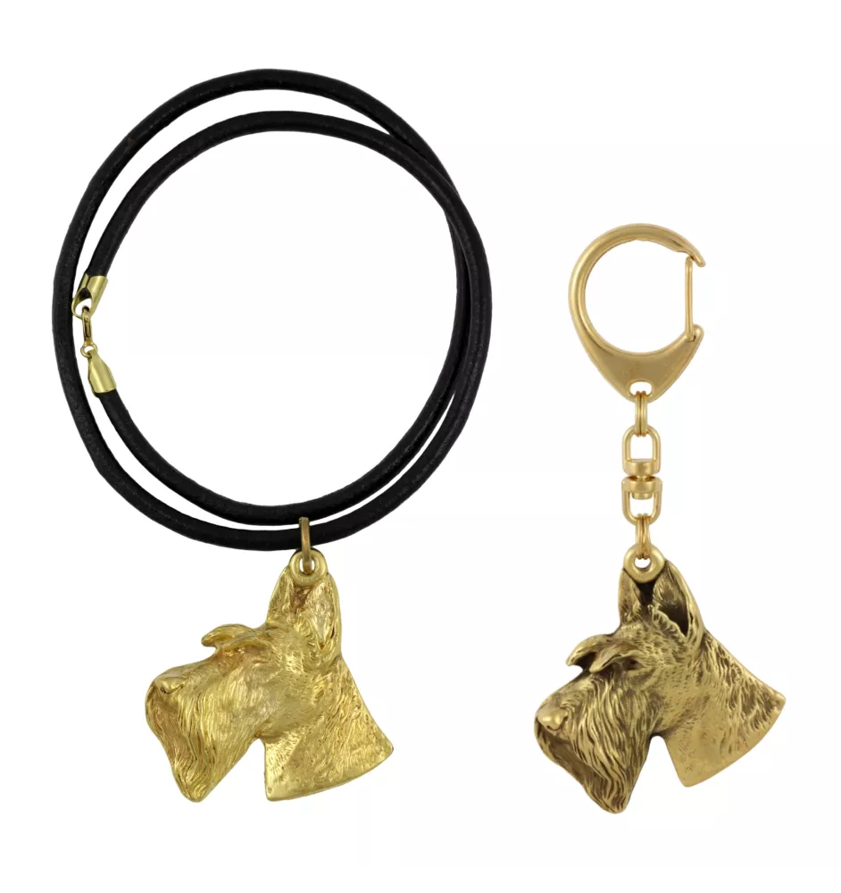 Terrier écossais, Scottish terrier I - porte-clés et collier avec chien dans une boîte, produit plaqué or de haute qualité, marque Art-Dog