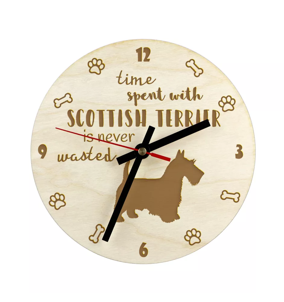 Terrier écossais, Scottish terrier - horloge avec chien, horloge en bois, horloge murale pour les amoureux des chiens, horloge de bureau et étagère, Art-Dog