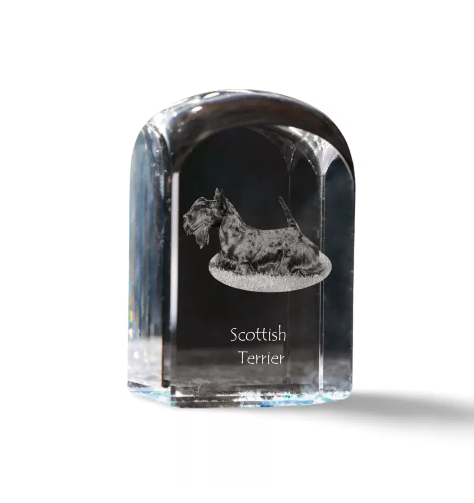 Scottish terrier, Aberdeen Terrier, Scottie, Aberdeenie - crystal cube with a photo, photo of a dog in crystal, cubic paperweight from Art-Dog brand