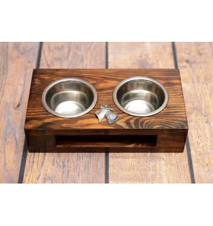 Scottish terrier, Aberdeen Terrier, Scottie, Aberdeenie - wooden stand with bowls for a dog, steel dog bowls, a gift for adopting a dog from the Art-Dog brand