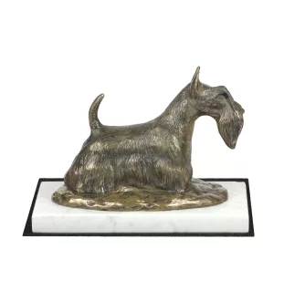 Scottish terrier, Aberdeen Terrier, Scottie, Aberdeenie - dog figurine, statue on white marble, trophy for Art-Dog dog show exhibition