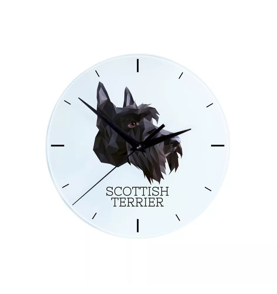Schottischer Terrier, Scottish terrier - geometrische Wanduhr mit Bild und Aufschrift der Marke Art-Dog
