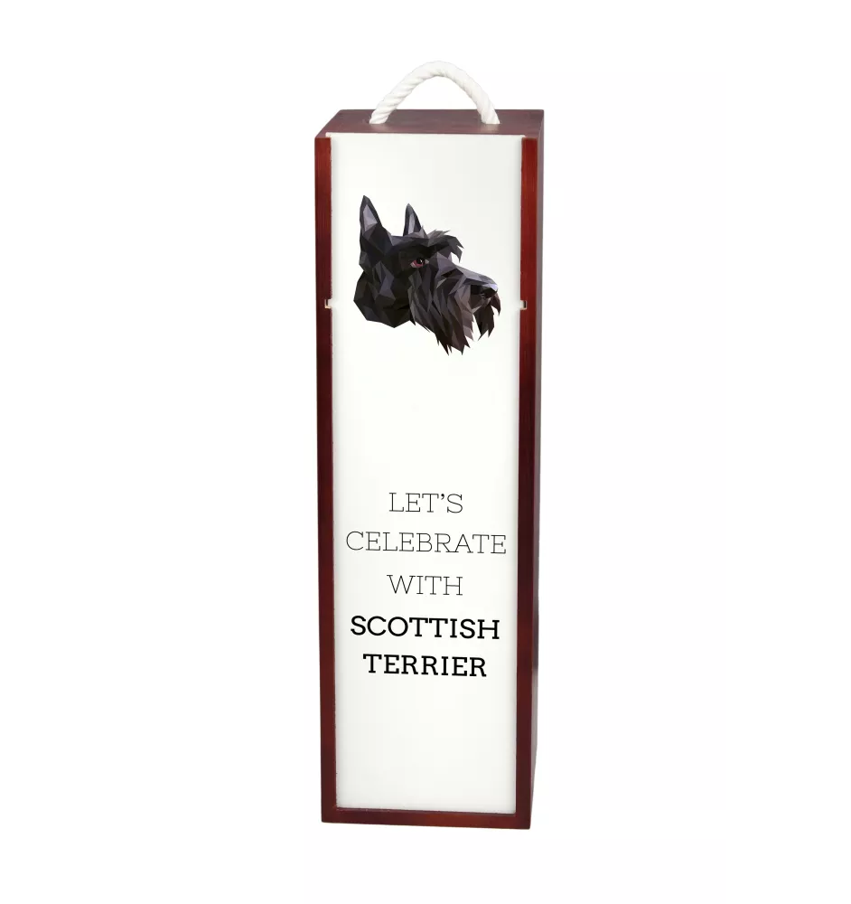 Terrier écossais, Scottish terrier - une boîte géométrique avec une photo et un texte pour le vin de la marque Art-Dog