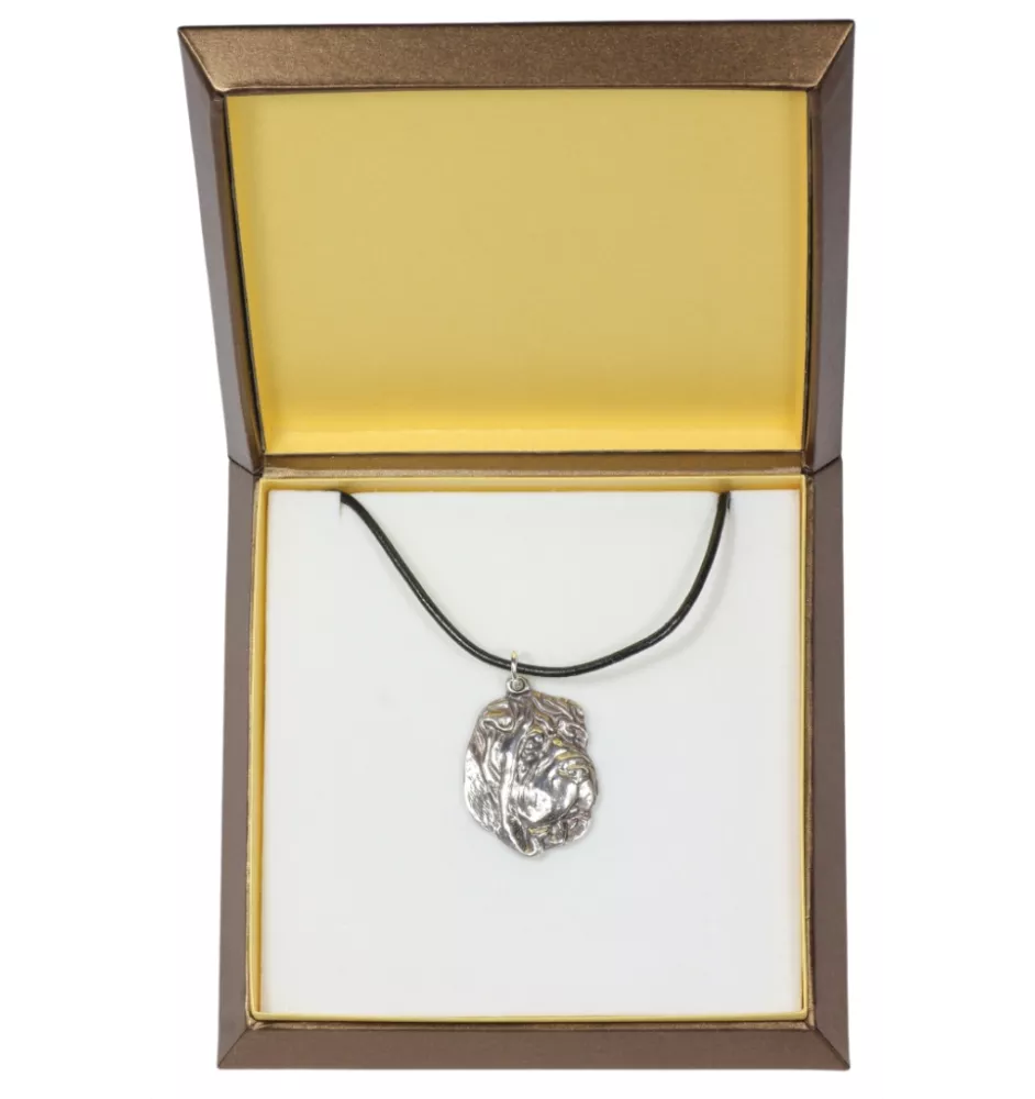 Shar Pei - Hundehalsband in Geschenkbox, versilbertes Medaillon für Hundefans, markanter Anhänger der Marke Art-Dog