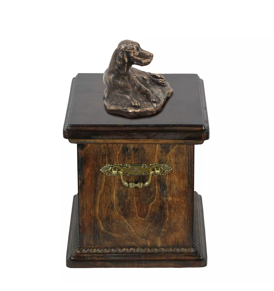 English Setter, Englischer Setter eine Urne für die Asche des Hundes, eine Urne mit einer Statue, eine elegante Urne im klassischen Stil der Marke Art-Dog