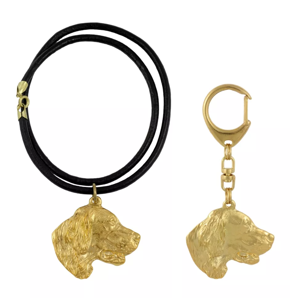 Setter anglais, Setter laverack - porte-clés et collier avec chien dans une boîte, produit plaqué or de haute qualité, marque Art-Dog
