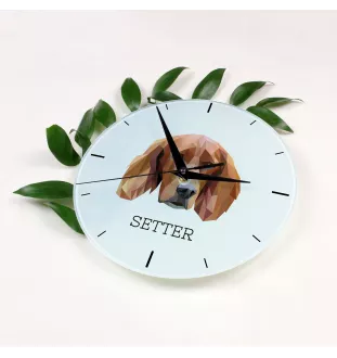 English setter, Lawerack, Laverack - geometric wall clock with a picture and the brand name Art-Dog