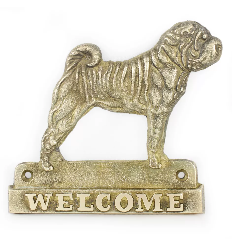 Shar Pei - une plaque de porte avec un chien, une plaque de bienvenue en laiton, une enseigne exceptionnelle avec l'inscription Welcome de la marque Art-Dog