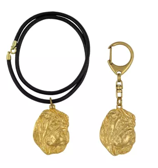 Shar Pei - porte-clés et collier avec chien dans une boîte, produit plaqué or de haute qualité, marque Art-Dog