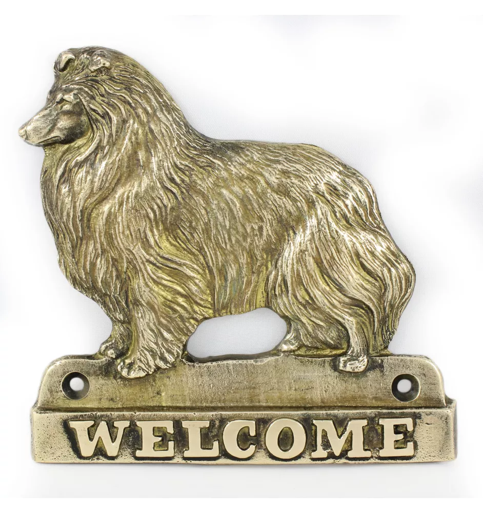 Sheltie - Türschild mit Hund, messingfarbenes Willkommensschild, einzigartiges Schild mit der Aufschrift Welcome von der Marke Art-Dog