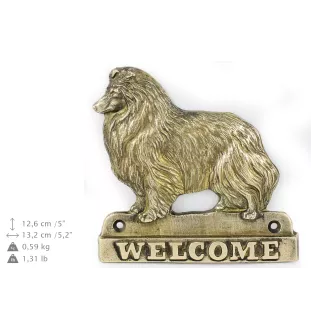 Sheltie - Türschild mit Hund, messingfarbenes Willkommensschild, einzigartiges Schild mit der Aufschrift Welcome von der Marke Art-Dog