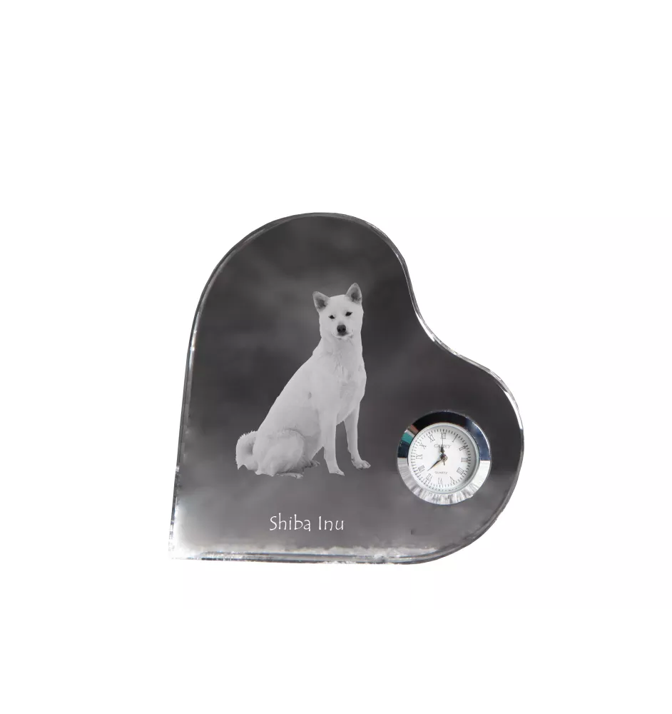 Shiba Inu, Japanese Small Size Dog, Japanese Brushwood Dog - crystal clock with a dog picture, heart-shaped shelf clock, personalized standing clock by Art-Dog brand