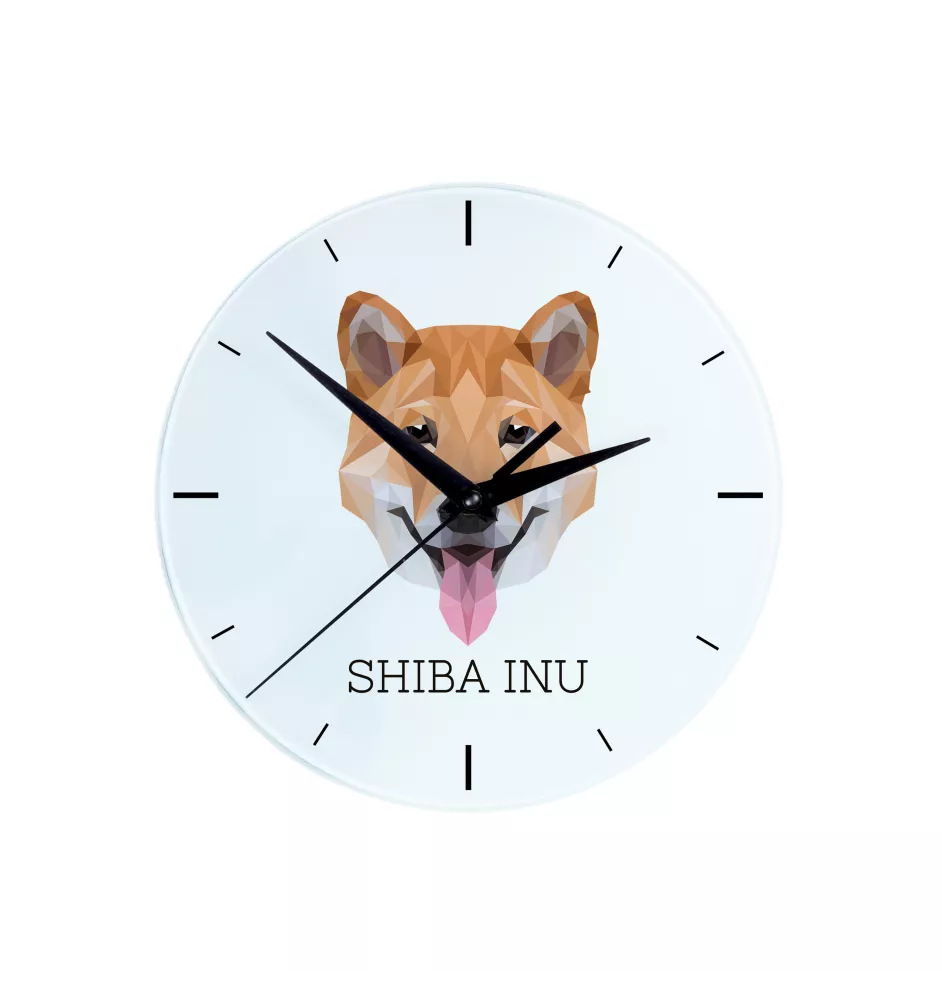 Shiba Inu - geometrische Wanduhr mit Bild und Aufschrift der Marke Art-Dog