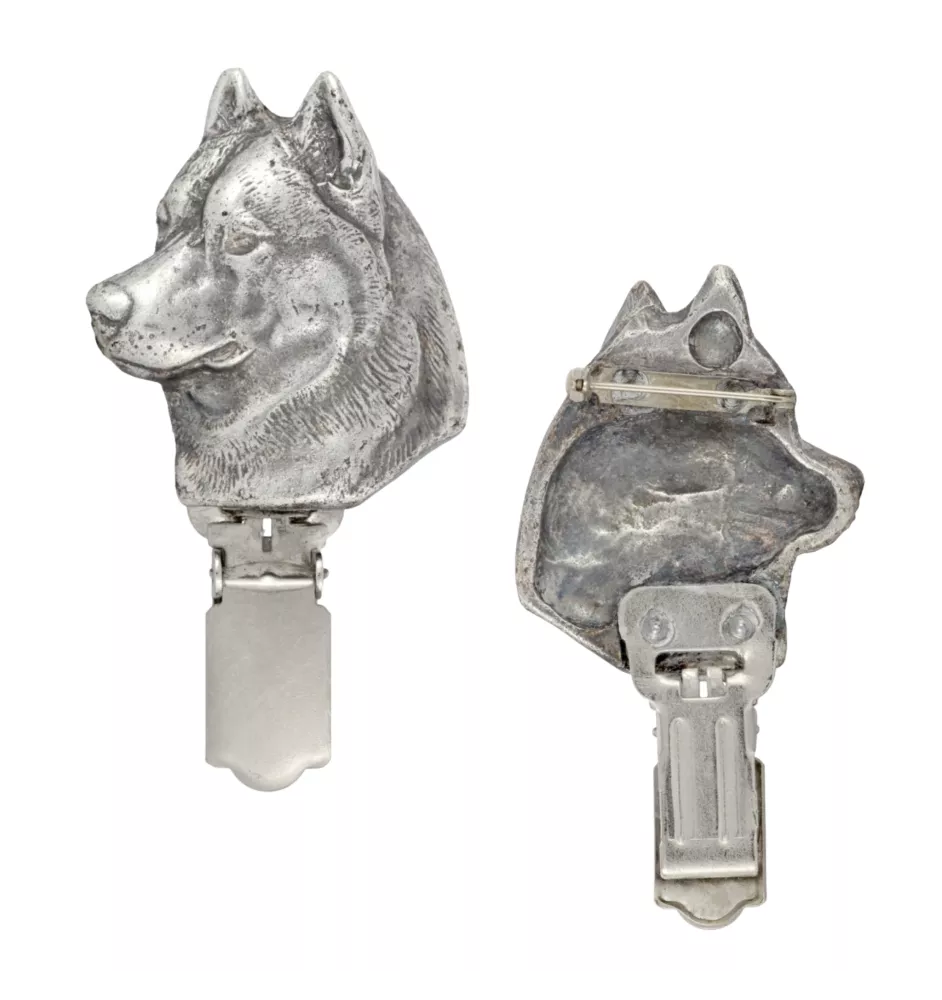 Siberian Husky, Chukcha - brooch with a clip, holder for a start number, silver-plated dog show pin from the Art-Dog brand