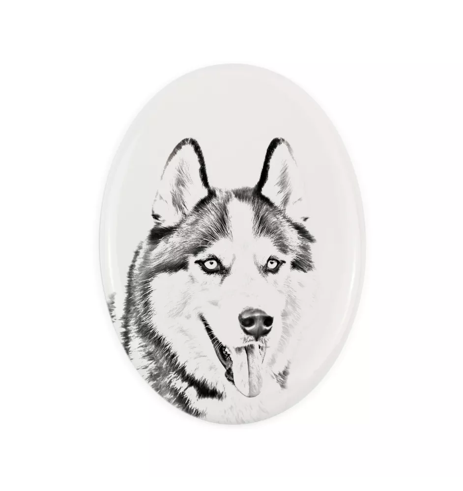 Siberian Husky, Chukcha - commemorative plaque with a photo of a dog, tombstone with a print, personalized oval plaque from the Art-Dog brand