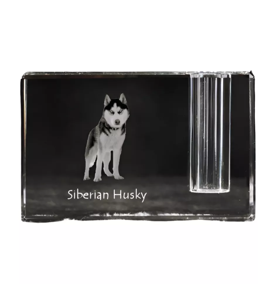 Siberian Husky, Chukcha - Pen stand, crystal organiser with dog photo, unique desk decoration by Art-Dog brand