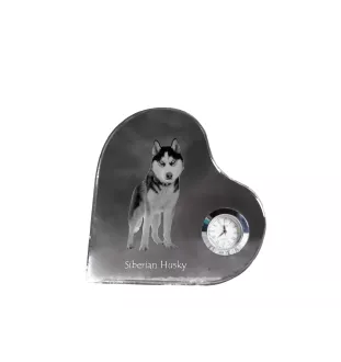 Siberian Husky, Chukcha - crystal clock with a dog picture, heart-shaped shelf clock, personalized standing clock by Art-Dog brand