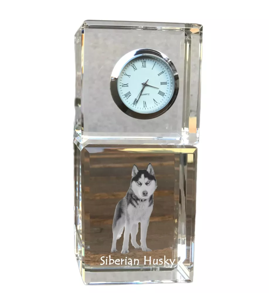 Siberian Husky - Kristalluhr mit Foto, Hundebild im Kristall, personalisierte Schreibtischuhr von Art-Dog.