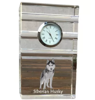 Siberian Husky, Chukcha - glass clock with a photo, photo of a dog in crystal, personalized standing office clock by Art-Dog brand
