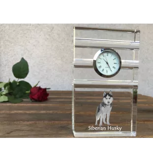 Siberian Husky, Chukcha - glass clock with a photo, photo of a dog in crystal, personalized standing office clock by Art-Dog brand