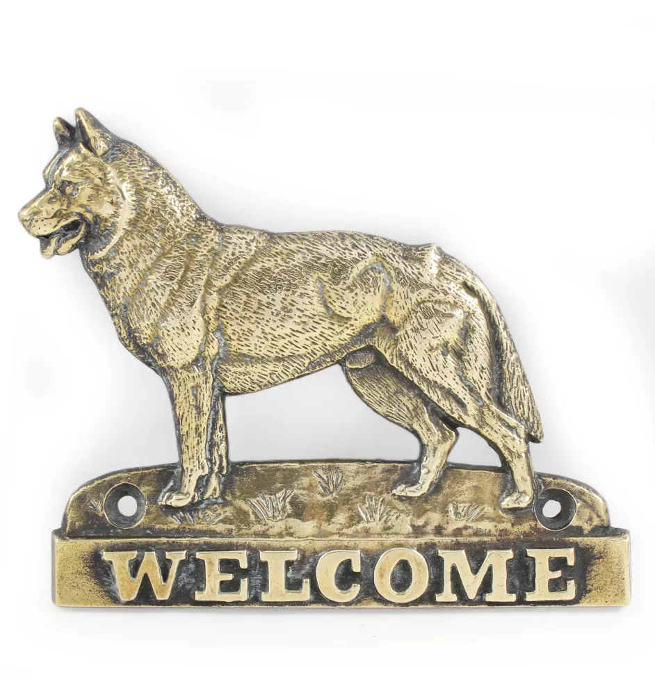 Siberian Husky, Chukcha - a door sign with a dog, a brass welcome plaque, a unique sign with the inscription Welcome from the Art-Dog brand