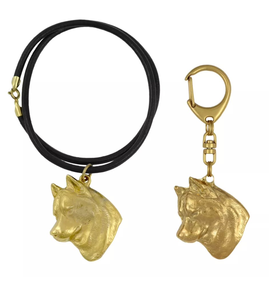 Husky de Sibérie, Husky sibérien - porte-clés et collier avec chien dans une boîte, produit plaqué or de haute qualité, marque Art-Dog