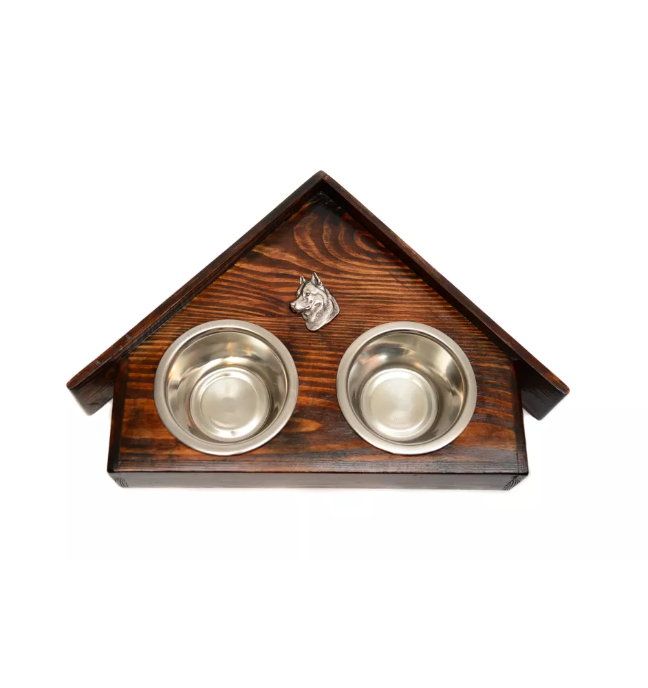 Siberian Husky, Chukcha - wooden stand with bowls for a dog, decorative dog bowls, a gift for adopting a dog from the Art-Dog brand