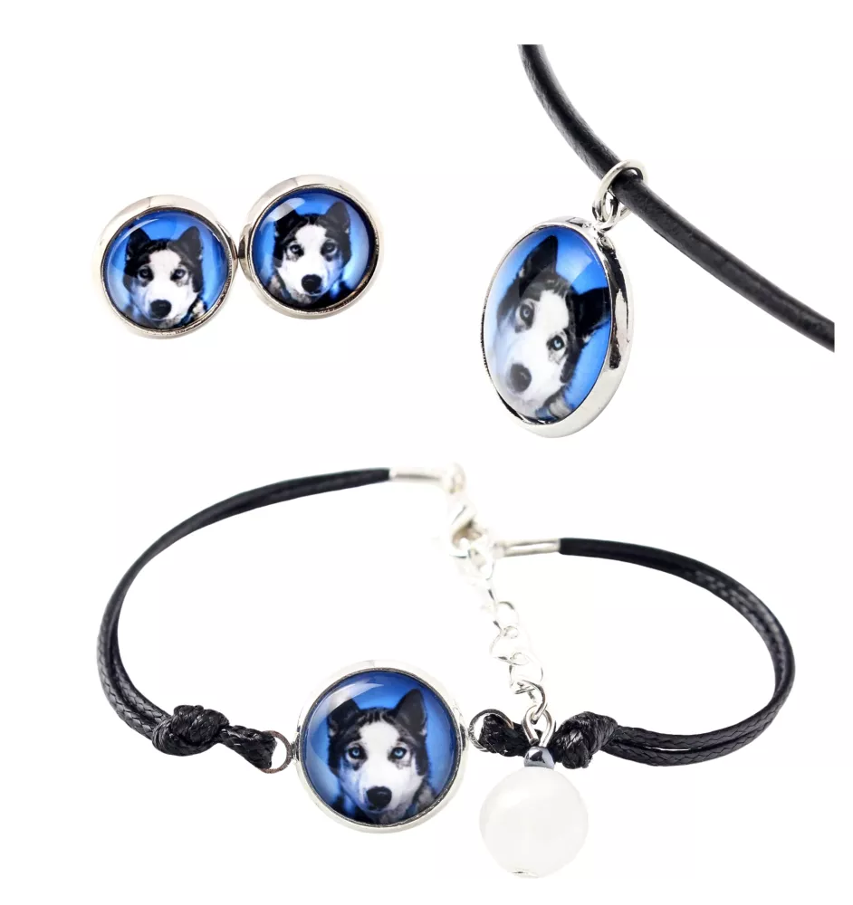 Husky de Sibérie, Husky sibérien - ensemble de bijoux dans une boîte, collier, boucles d'oreilles, bracelet, produits de la marque Art-Dog