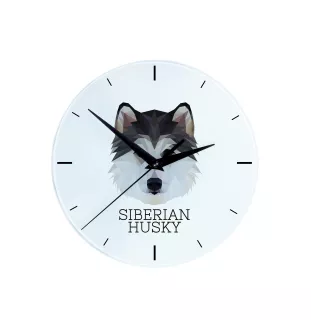 Siberian Husky - geometrische Wanduhr mit Bild und Aufschrift der Marke Art-Dog