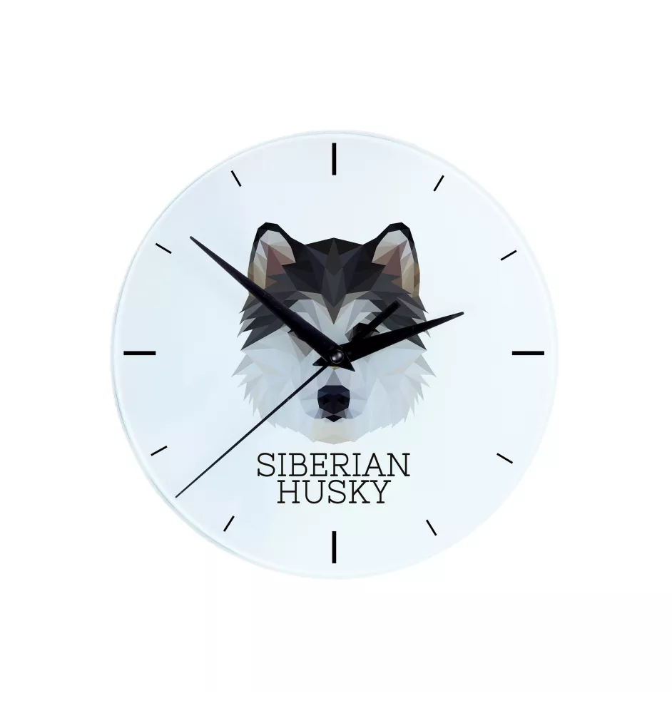 Husky de Sibérie, Husky sibérien - horloge murale géométrique avec photo et logo de la marque Art-Dog