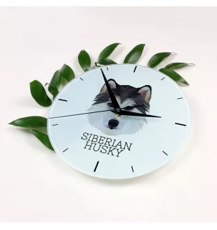 Husky de Sibérie, Husky sibérien - horloge murale géométrique avec photo et logo de la marque Art-Dog