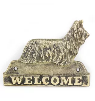Skye Terrier - une plaque de porte avec un chien, une plaque de bienvenue en laiton, une enseigne exceptionnelle avec l'inscription Welcome de la marque Art-Dog